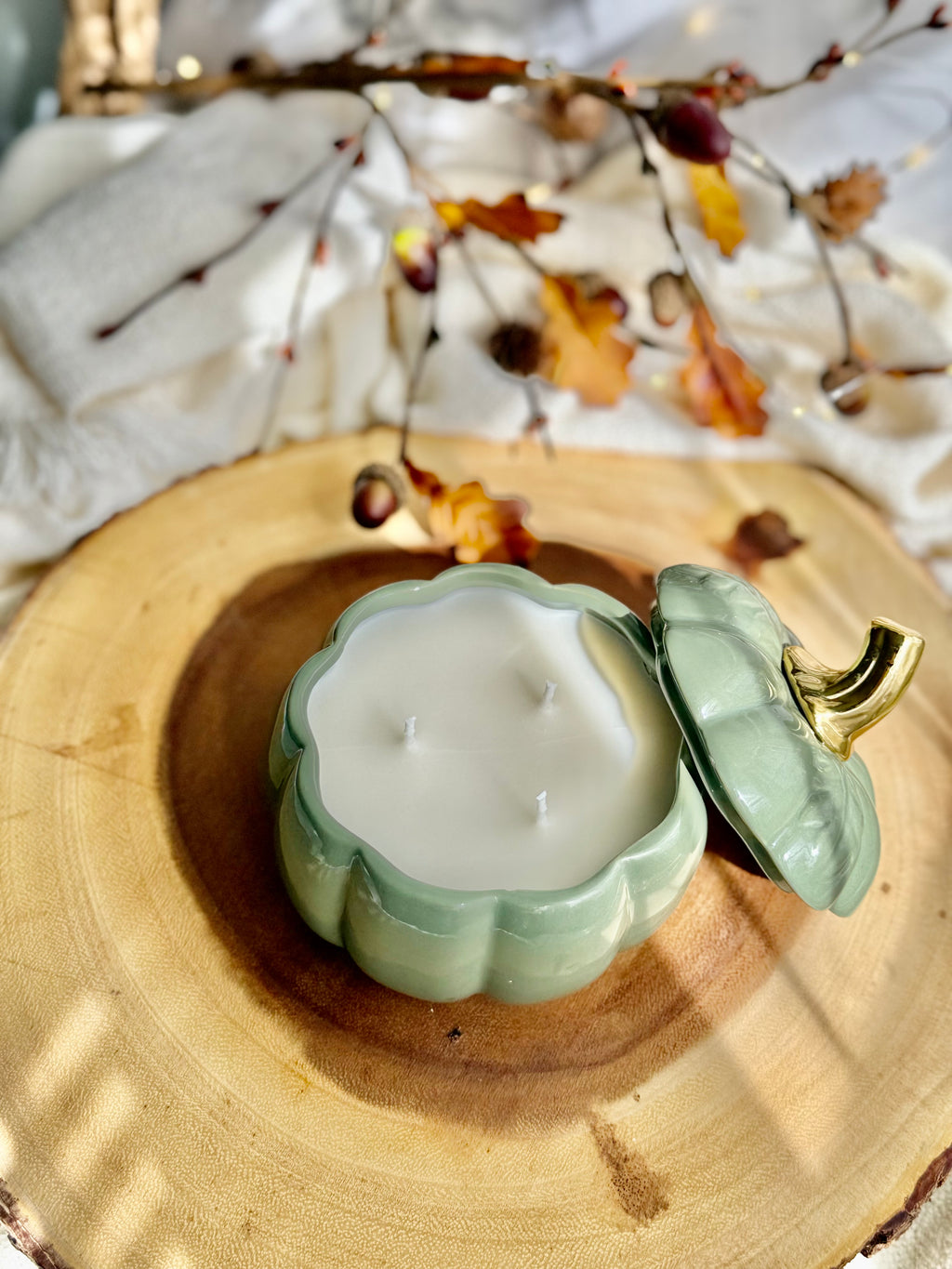 Elegant Moss & Amber  Candle – 15 oz | Vela Artesanal de Coco y Soja en Calabaza Cerámica Verde