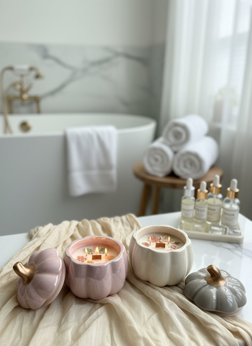 Handmade pumpkin soy candle in a ceramic jar. Cozy fall aroma and elegant design by SiL Candle Atelier.