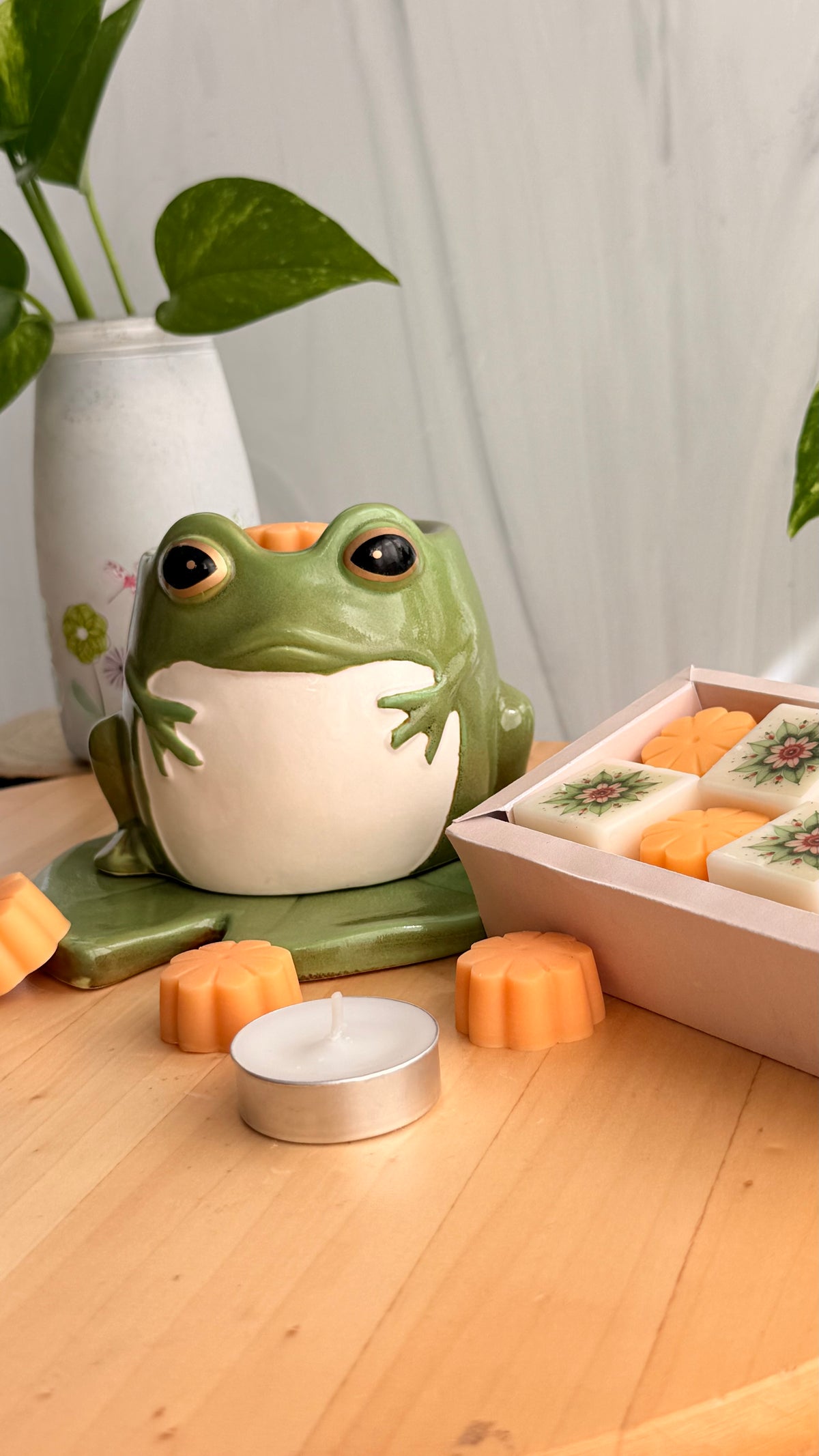 Set Quemador Cerámico Ranita en Nenúfar & Wax Melts – Sweet Orange (Incluye 8 Melts y 5 Tealights)