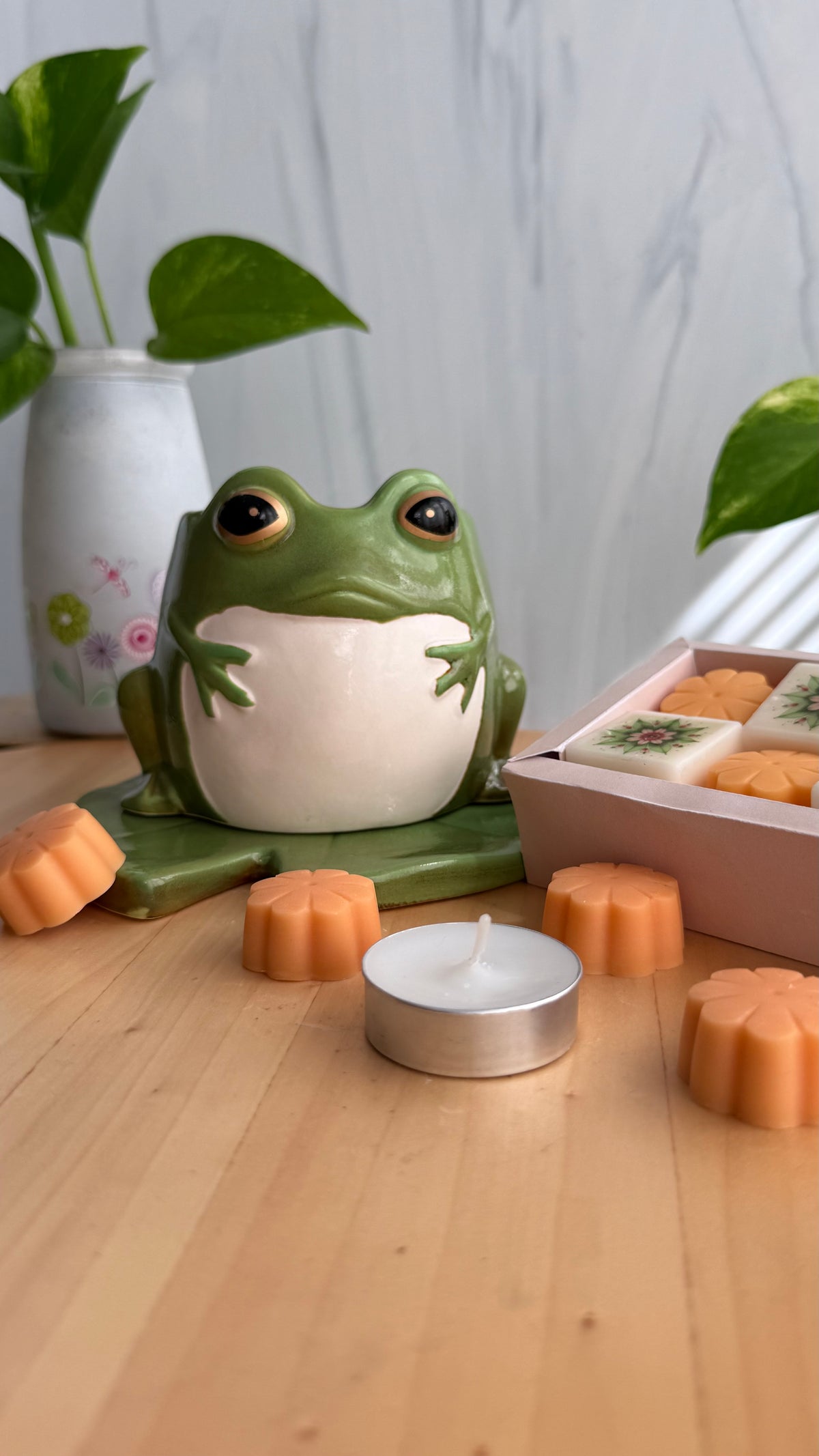 Set Quemador Cerámico Ranita en Nenúfar & Wax Melts – Sweet Orange (Incluye 8 Melts y 5 Tealights)