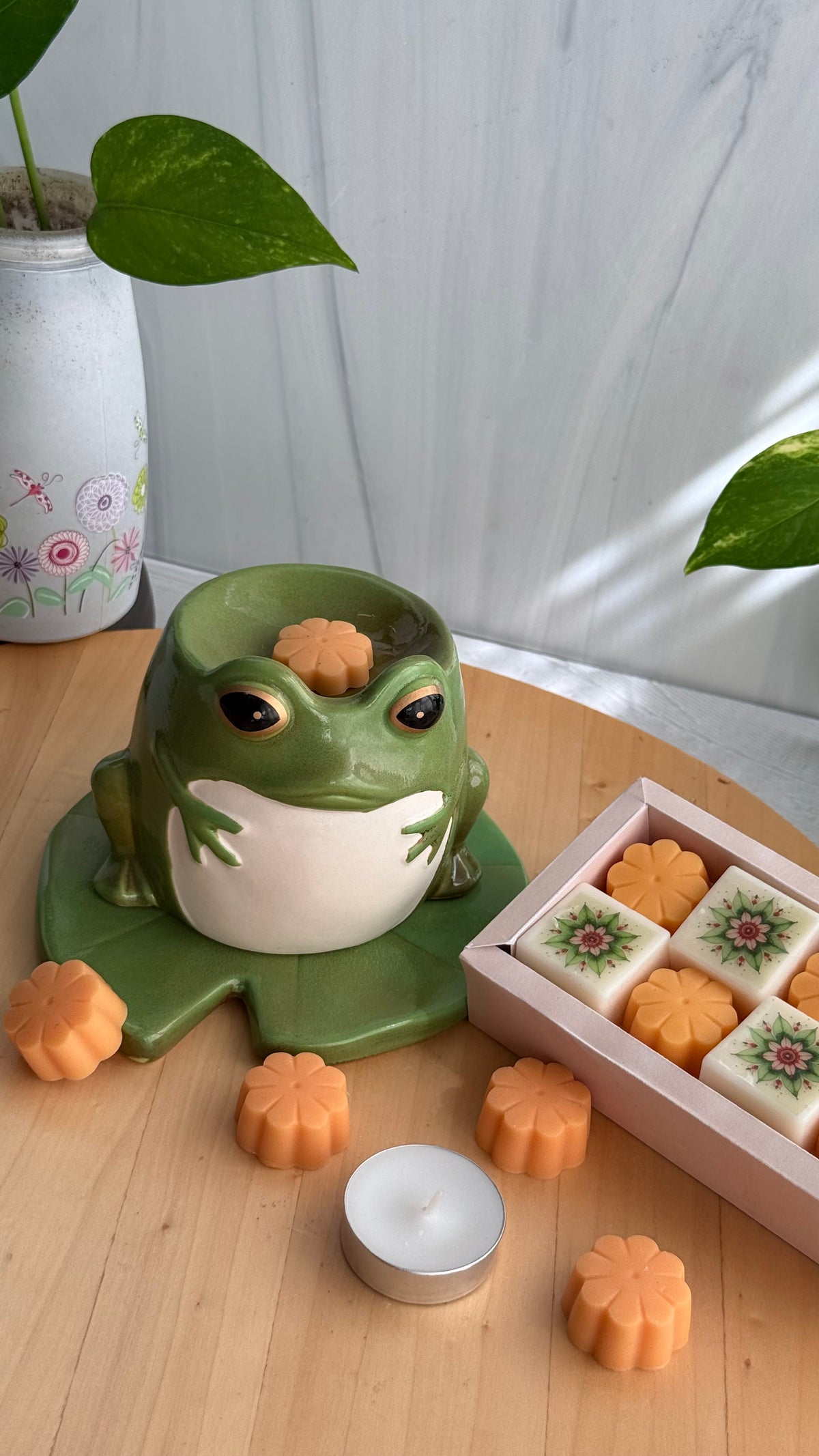 Set Quemador Cerámico Ranita en Nenúfar & Wax Melts – Sweet Orange (Incluye 8 Melts y 5 Tealights)
