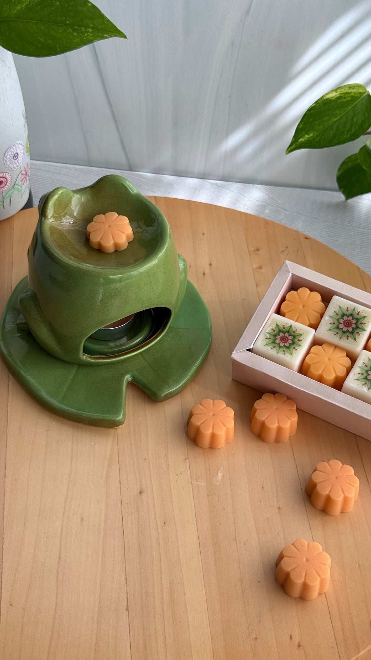 Set Quemador Cerámico Ranita en Nenúfar & Wax Melts – Sweet Orange (Incluye 8 Melts y 5 Tealights)
