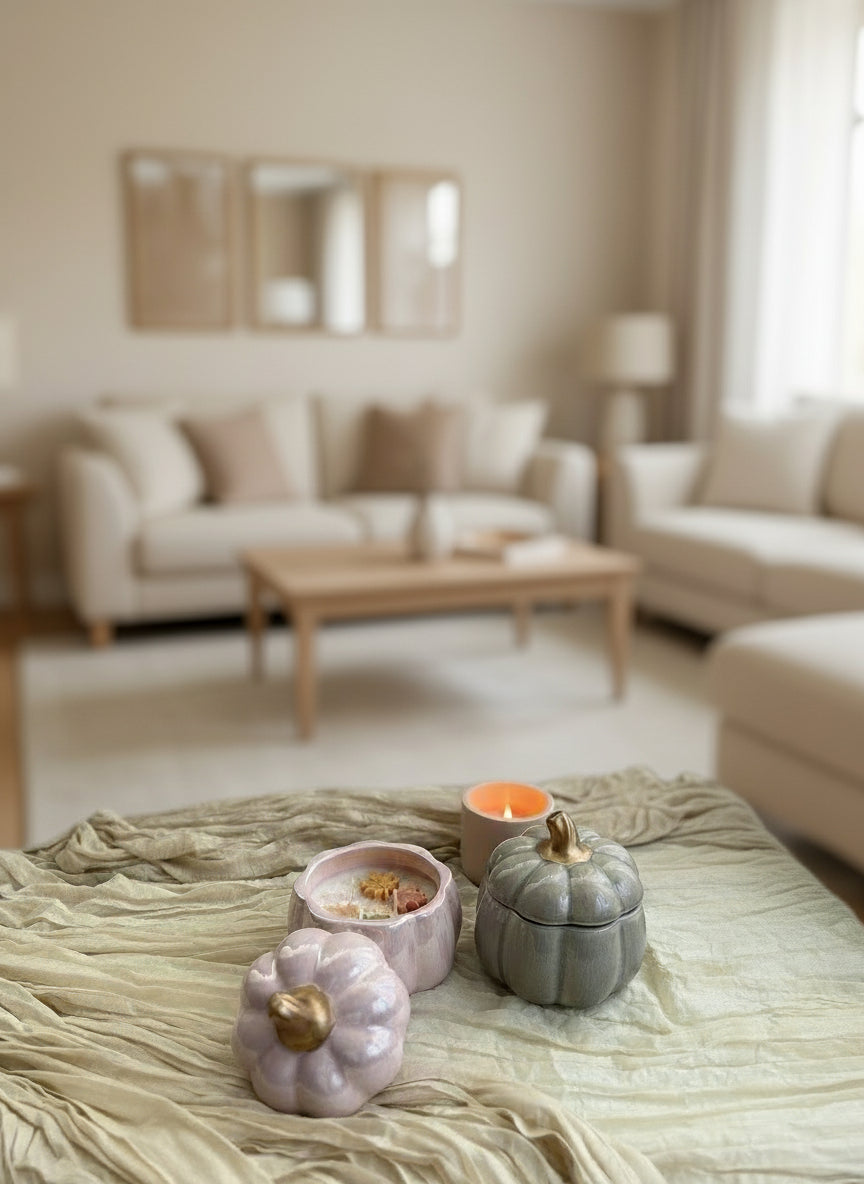 Handmade pumpkin soy candle in a ceramic jar. Cozy fall aroma and elegant design by SiL Candle Atelier.